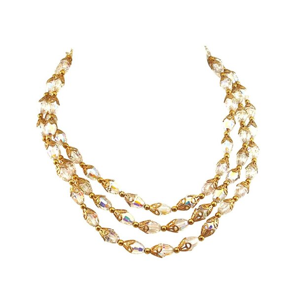Aurora Borealis Three Strand Vintage Faceted Crystal Necklace Mid Century Vintag - Picture 2 of 6